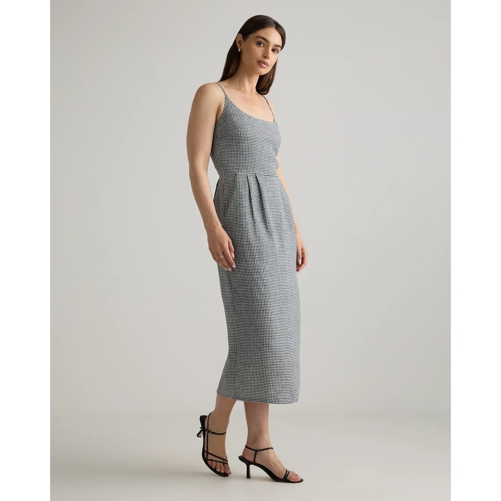 Quince 100% European Linen Scoop Neck Midi Dress Gingham Black White Small NEW